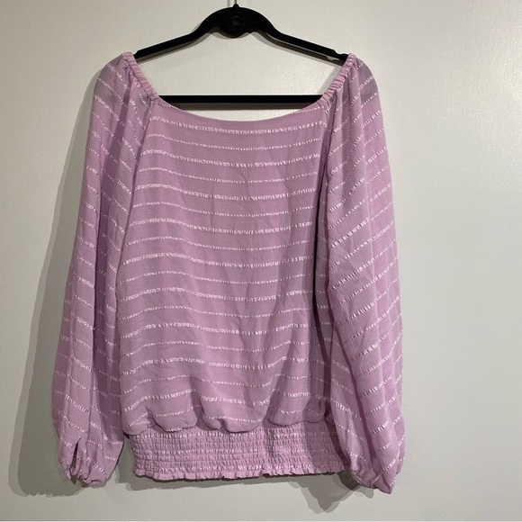 Le Chateau chiffon blouse smocked waist puff sleeve lined soft lilac textured LG - Picture 5 of 11